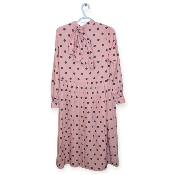 Polka Dot Dress Ascot Neck Tie Bow Pink Black Full Button Down Midi Length Small - Picture 1 of 13